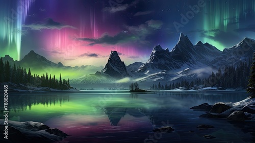 Majestic mountains and aurora borealis reflected in the calm lake.