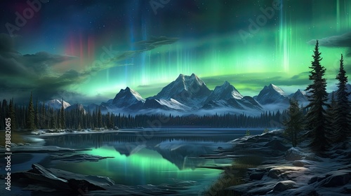 The night sky is lit up with a vibrant aurora borealis. photo