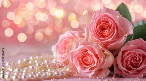 A charming ensemble of pink roses elegantly paired with pearls set against a dreamy pastel backdrop with a touch of abstract blur This delightful composition is perfect for weddings exuding
