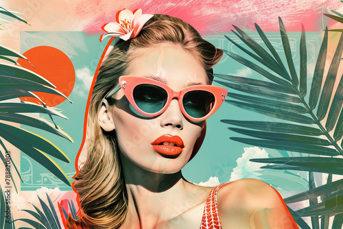 Beautiful young woman with leaves palm tree, stylish lady in summer vacation retro collage style