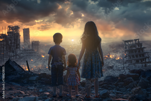Little boy and girl, sad alone children, ruined house, destroyed city street post apocalyptic scene.