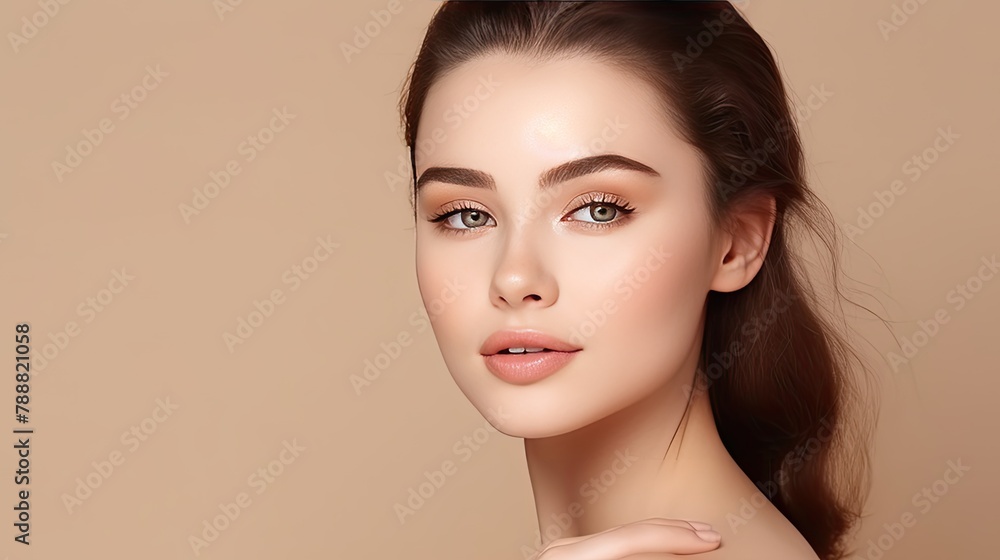 Close-up portrait of a beautiful young woman with flawless skin and natural makeup. She is looking at the camera with a soft smile. Close-up portrait of a beautiful young woman with flawless skin and natural makeup. She is looking at the camera with a soft smile.