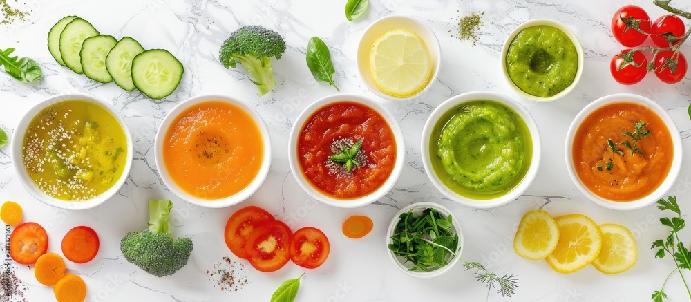 Organic infant food idea. Assorted vegetable purees displayed on a bright marble surface alongside ingredients, leaving space for text. Overhead view, flat lay perspective.
