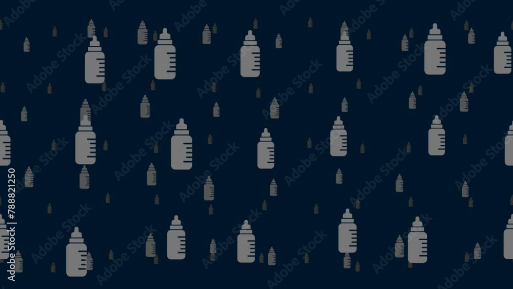 Feeding bottle symbols float horizontally from left to right. Parallax fly effect. Floating symbols are located randomly. Seamless looped 4k animation on dark blue background Feeding bottle symbols float horizontally from left to right. Parallax fly effect. Floating symbols are located randomly. Seamless looped 4k animation on dark blue background