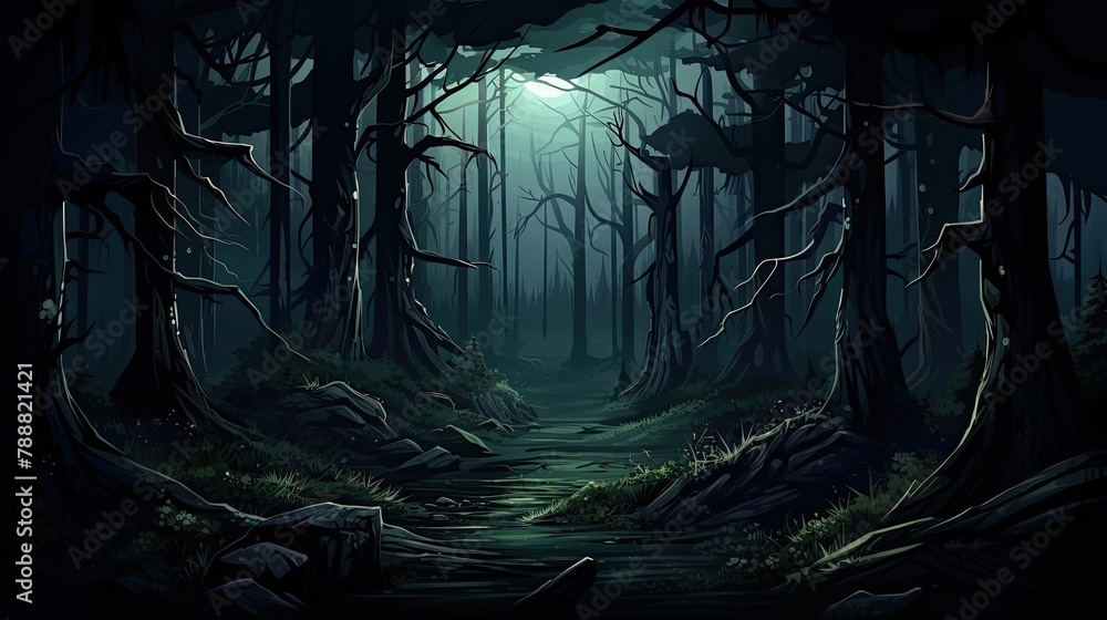 A dark and mysterious forest with a full moon shining through the trees. The path leading into the forest is overgrown with weeds and moss.