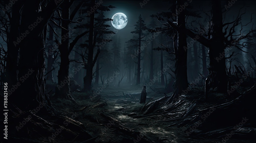 Fototapeta premium The full moon casts a ghostly glow over the eerie forest. The gnarled trees reach out like skeletal hands, and the twisted branches creak in the wind.