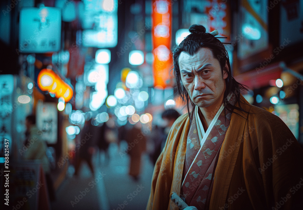 A traditional Japanese samurai, clad in historical attire, walks with a look of disapproval amidst the neon-lit modernity of a bustling Tokyo street at night.