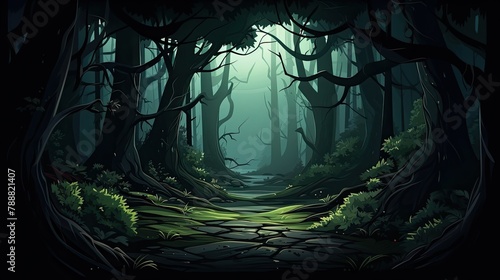 A dark and mysterious forest with a path leading through it.