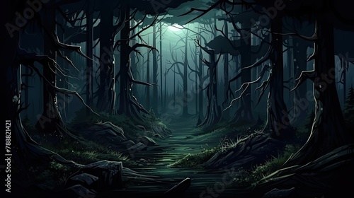A dark and mysterious forest with a full moon shining through the trees. The path leading into the forest is overgrown with weeds and moss. photo