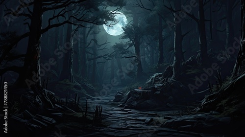 A dark and mysterious forest at night. The only light comes from a full moon  which casts a long shadow through the trees.