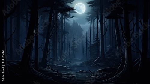 The full moon casts a silvery glow over the dark forest. The trees are tall and imposing, their branches reaching out like skeletal hands. © BozStock
