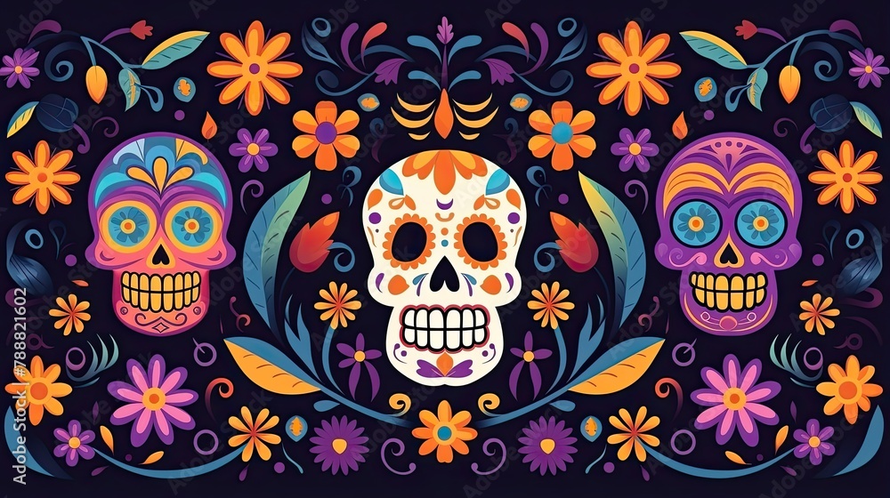 Colorful illustration of a skull with flowers. The skull is decorated with intricate patterns and surrounded by colorful flowers. Colorful illustration of a skull with flowers. The skull is decorated with intricate patterns and surrounded by colorful flowers.