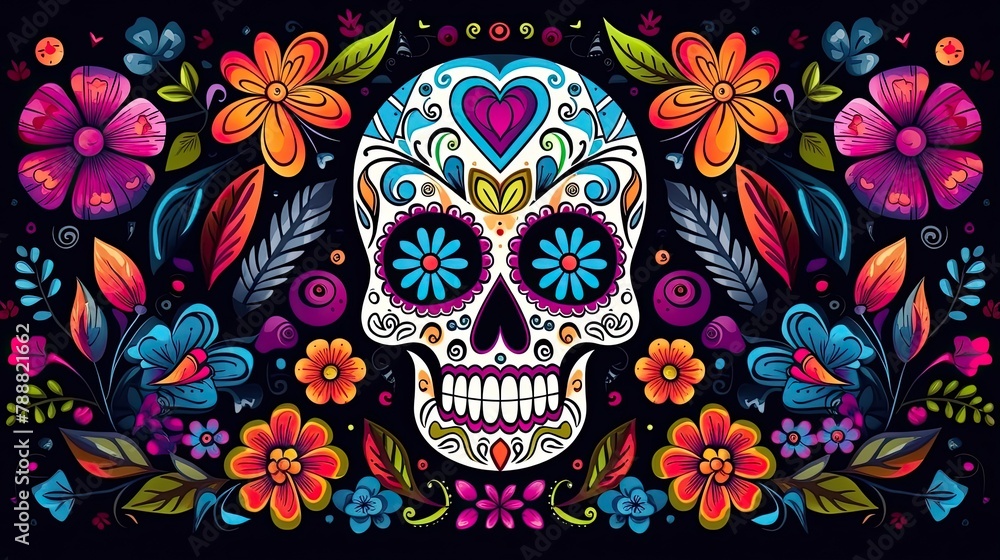 This is a vibrant and colorful illustration of a skull with floral elements. This is a vibrant and colorful illustration of a skull with floral elements.