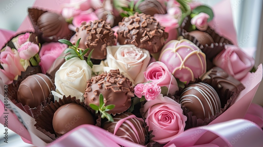 Indulge in the delightful sight of chocolate bouquets elegantly presented with pink gift wrapping and matching ribbon perfect for Valentine s Day weddings or any special occasion Indulge in the delightful sight of chocolate bouquets elegantly presented with pink gift wrapping and matching ribbon perfect for Valentine s Day weddings or any special occasion