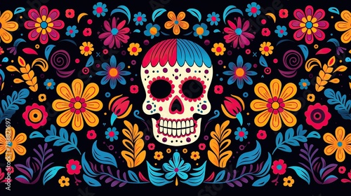 A colorful and vibrant illustration of a skull with flowers.
