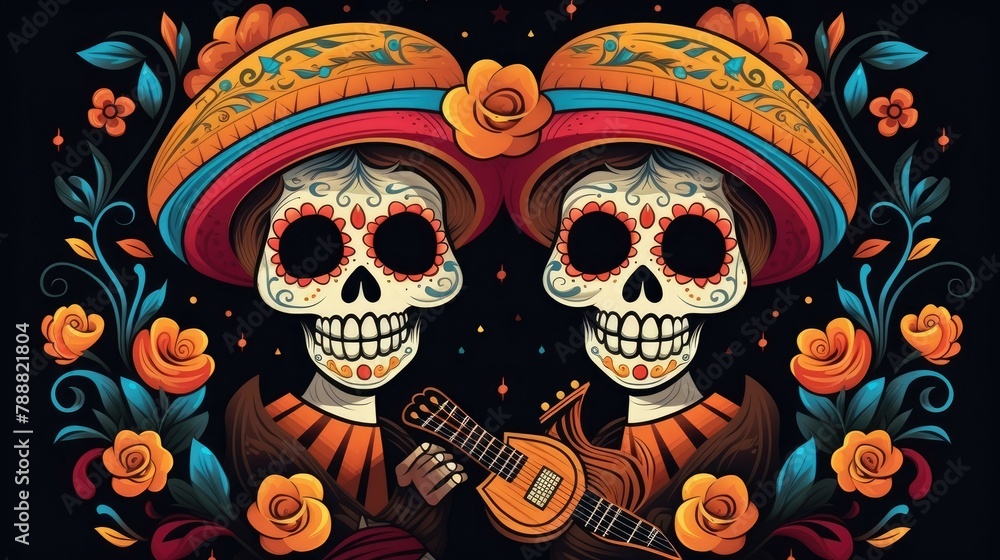This is a vibrant and colorful illustration of two sugar skulls with a guitar. This is a vibrant and colorful illustration of two sugar skulls with a guitar.