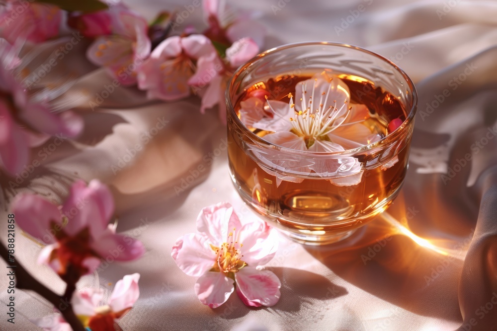 Golden beverage in a transparent glass with a delicate peach blossom, set against a backdrop of soft silk and warm sunlight. Golden beverage in a transparent glass with a delicate peach blossom, set against a backdrop of soft silk and warm sunlight.