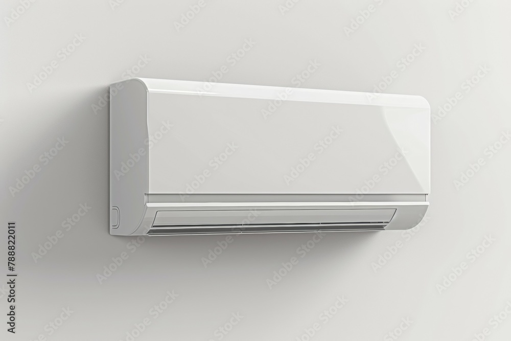 A white air conditioner is mounted on a wall. Summer heat concept A white air conditioner is mounted on a wall. Summer heat concept