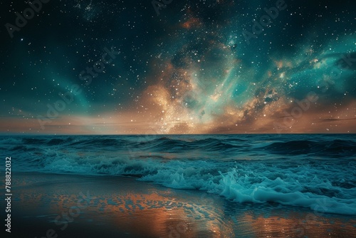 A beautiful ocean view with a starry sky in the background