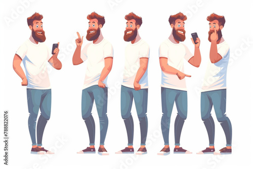 Happy bearded man character set dressed in white t shirt and jeans. Smiling guy points with hand  holds a smartphone in hands  thinks vector icon  white background  black colour icon