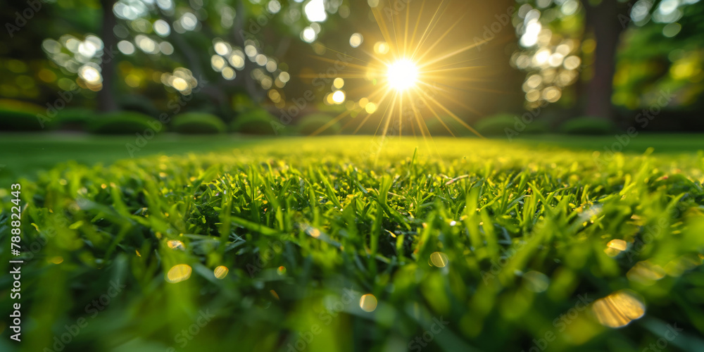 Closeup, grass and plant with sunrise, nature and green growth with outdoor sunshine. Lawn, meadow and environment for summer season, vibrant field and idyllic background with macro morning garden
