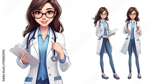 A beautiful young female doctor wearing glasses and a lab coat is standing with a clipboard in her hand. photo