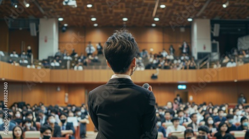 man giving a lecture in a conference room in front of people with a microphone and good lighting in high resolution and high quality. concept lectures, teacher, speech