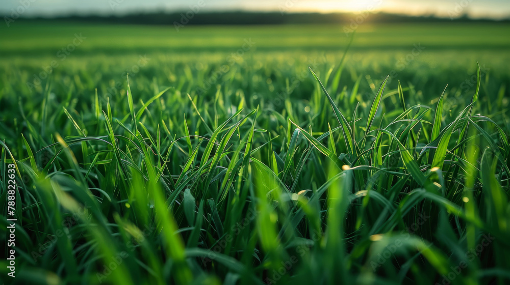 Closeup, grass and field with sunshine, nature and green growth with outdoor blur. Lawn, meadow and environment for summer season, vibrant plant and background with macro garden in morning sunrise