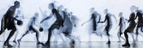 a long exposure photograph of multiple people basketball players, motion blur