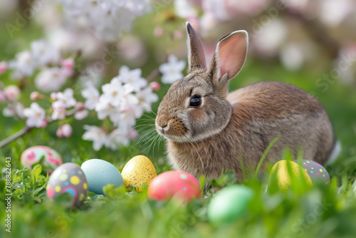 A Hop into Spring  A Curious Bunny Rabbit Amidst a Kaleidoscope of Easter Eggs.