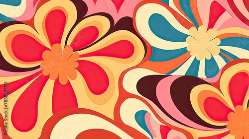 Groovy psychedelic floral retro 70s background. Seamless pattern with bright colors and flower power vibes.
