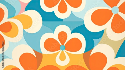 Retro floral pattern. Seamless vector repeat of stylized flowers in orange, blue, and cream. Groovy 70s flower power vibes.