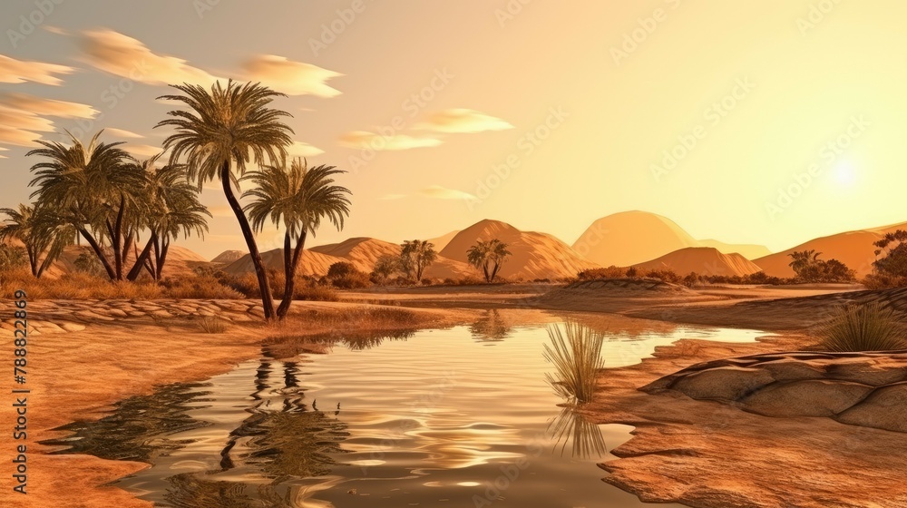 Obraz premium This is a beautiful landscape image of a desert oasis. There are palm trees, water, and mountains in the background. The colors are warm and inviting.