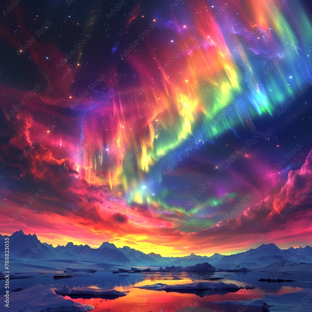 Naklejka premium 静かな山の湖に広がるカラフルなオーロラの夢景色テクスチャ背景