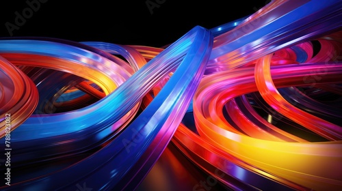 3D rendering. Abstract twisted shape. Blue, red and yellow glossy tubes.