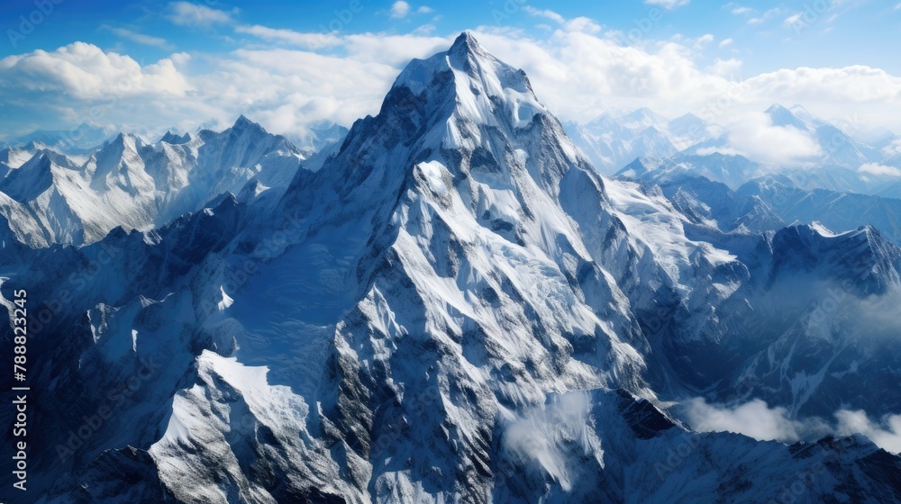 A majestic snow-capped mountain peak rises high above the clouds. Its rugged slopes are covered in snow and ice. A majestic snow-capped mountain peak rises high above the clouds. Its rugged slopes are covered in snow and ice.