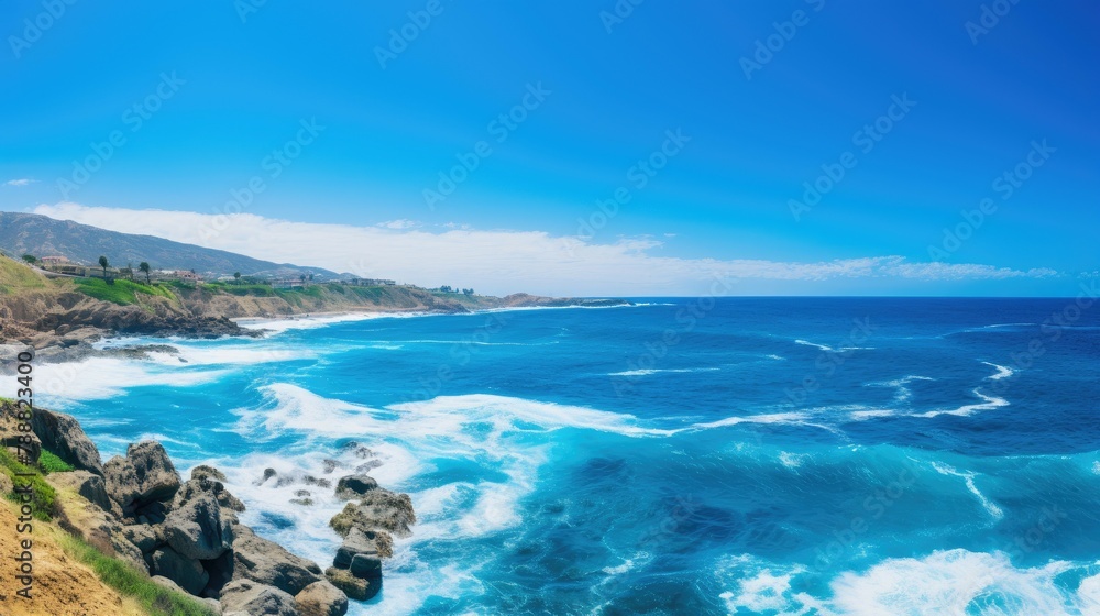 Beautiful seascape with bright blue water, white waves crashing on rocky coast, and green hills in the distance.