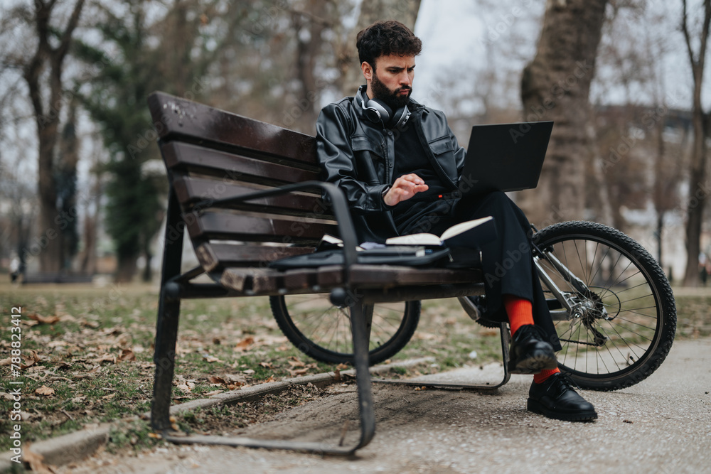 Focused male business entrepreneur using a laptop in a casual outdoor setting, epitomizing mobile office concepts. Focused male business entrepreneur using a laptop in a casual outdoor setting, epitomizing mobile office concepts.