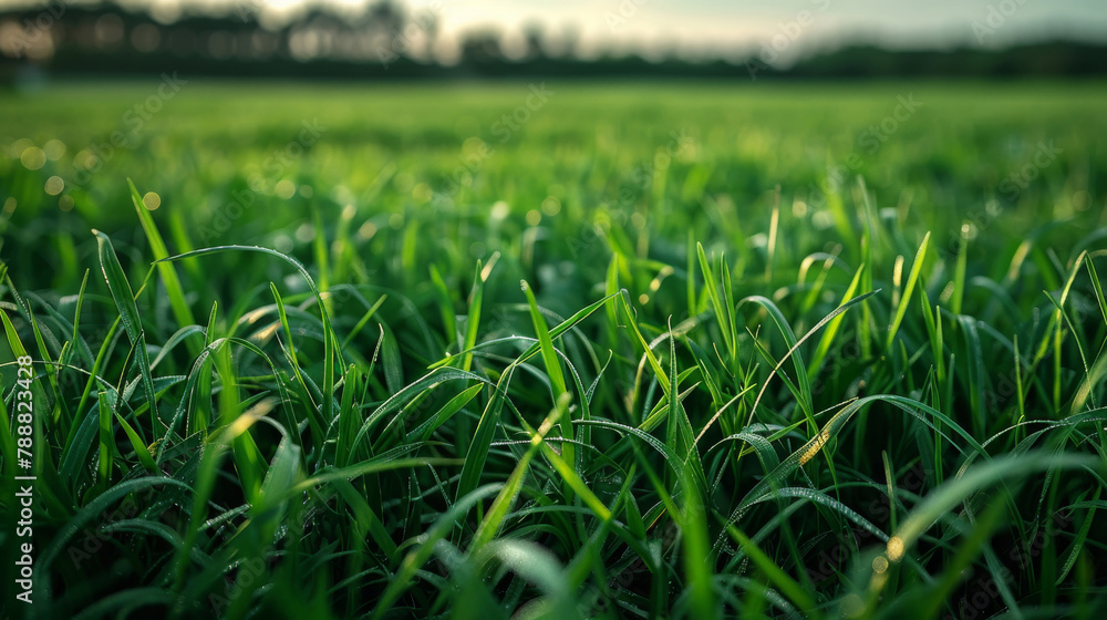 Fototapeta premium Pasture, grass and countryside with nature, green and growth in spring, earth and environment of farm. Field, agriculture and meadow for plant, sustainability and ecology, outdoor and peace in land
