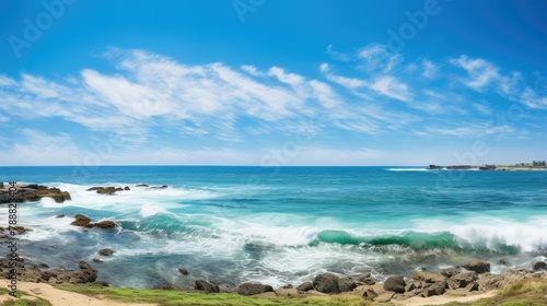 Beautiful seascape with blue sky and white clouds. The waves are crashing on the rocky shore. Green grass is growing on the beach.