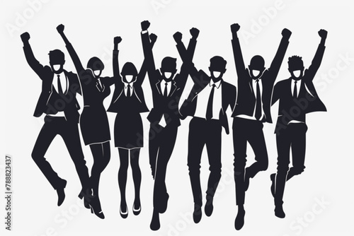 Happy business team celebrates success, rejoices in triumph and victory vector icon, white background, black colour icon photo