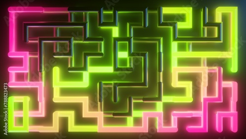 3d render, abstract background. Toxic energy inside the virtual pipeline. Pink green neon labyrinth, fantastic maze glowing in the dark (ID: 788823473)