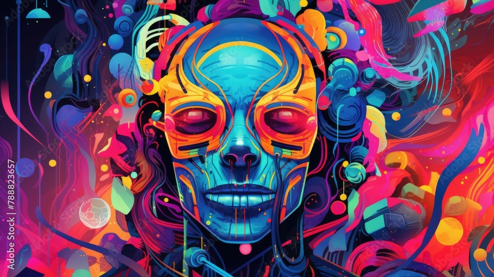 Colorful abstract portrait of a woman's face with a blue mask.