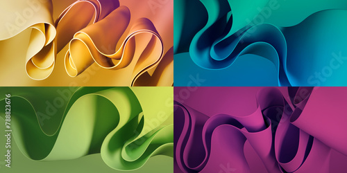3d render, set of abstract colorful backgrounds. Paper folds and layers. Minimalist fashion wallpaper of curvy folded ribbons (ID: 788823676)