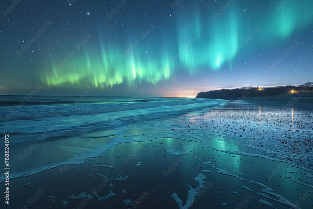 The sky is filled with auroras and the ocean is calm