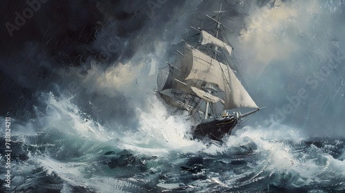 colorful illustration of Dangerous Adventure, Clipper Ship Sailing Through Stormy Seas