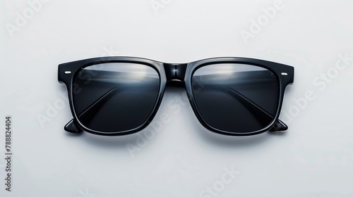 Stylish sunglasses with a black plastic frame, isolated on a white background and viewed from above