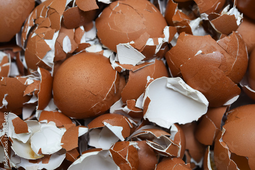 Broken eggshells scatter background . Eggshells use as a fertilizer for plants . 