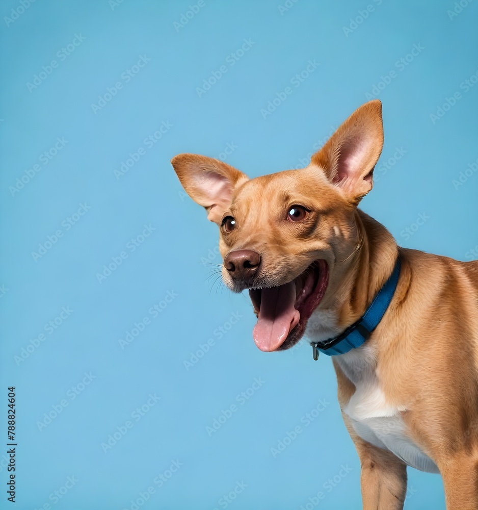 A smiling tan dog with its tongue out against a solid background A smiling tan dog with its tongue out against a solid background