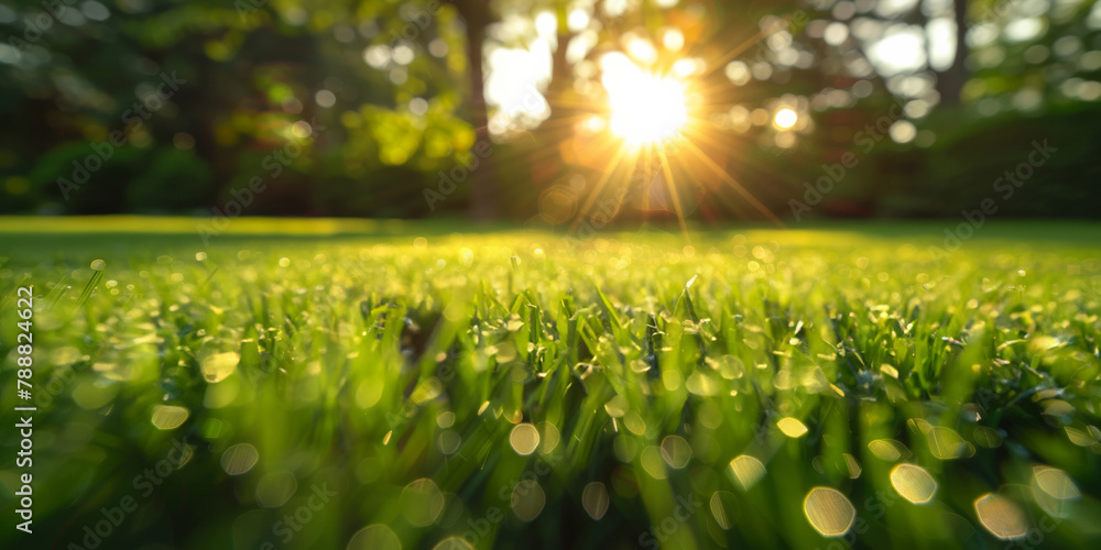 Closeup, grass and lawn with sunshine, nature and green growth with outdoor morning. Lawn, meadow and environment for summer season, vibrant field and sunrise background with macro rural garden